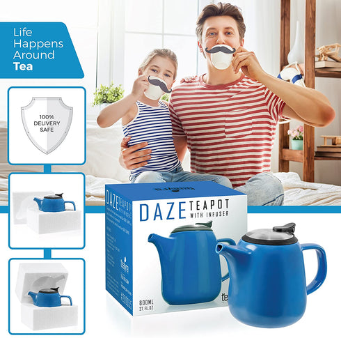 Tealyra - Daze Ceramic Teapot in Blue - 27-ounce (2-3 cups) - Small Stylish Ceramic Teapot with Stainless Steel Lid and Extra-Fine Infuser To Brew Loose Leaf Tea
