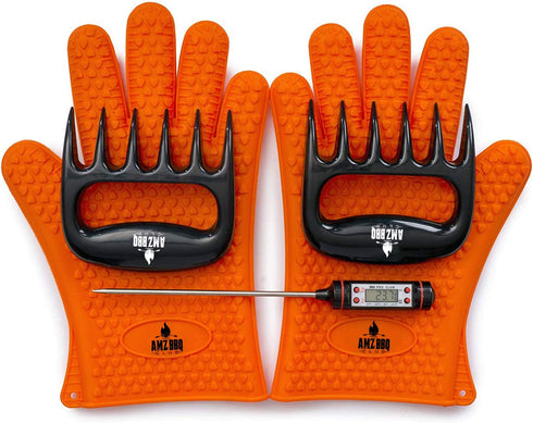 AMZ BBQ Club's Grilling Accessories - Silicone BBQ Gloves, Food Grade Meat Claws, Digital Grilling Thermometer | BBQ Set for Cooking Grilling Barbecue Roasting Baking Open Flame
