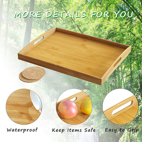BAMEOS Serving Tray with Handle Bamboo Bed Tray with Two Coasters Food Couch Tray Works for Eating,Working,Storing,Décor, Used in Bedroom, Kitchen, Living Room, Bathroom, (16.9x12.99x1.96inches)
