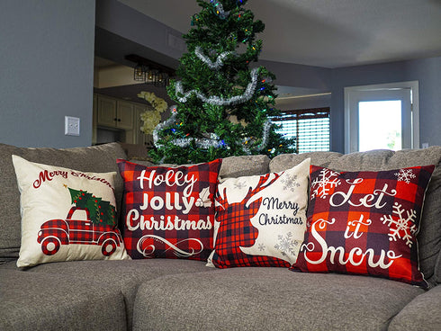 JOYIN Christmas Buffalo Plaid Pillow Covers with Rustic Farmhouse Design (4 Pack), 18x18 Inch Christmas Throw Pillow Case for Sofa, Couch, Bedroom or Patio Seat Christmas Winter Holiday Decoration