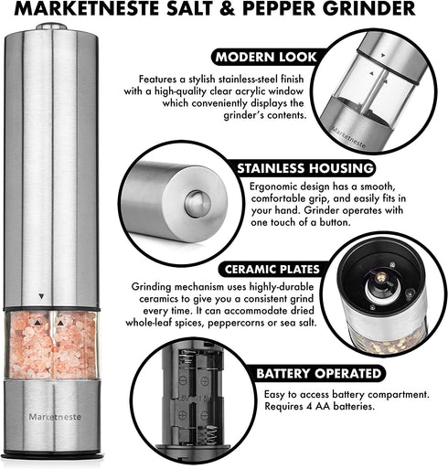 Pepper Grinder with Light - Battery Operated Pepper or Salt Mill - Stainless Steel - Easy Grip - Easy to Use - Sleek Modern Design