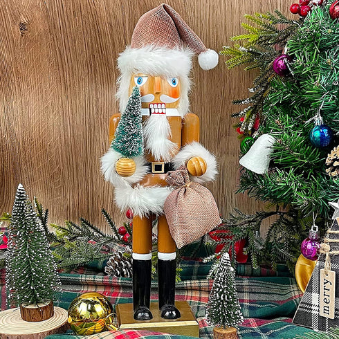 Joliyoou Christmas Nutcracker Figures, 14 Inch Wooden Nutcracker Santa Holding Gifts & Christmas Tree, Large Xmas Nutcracker Tabletop Festival Shelves Decorations