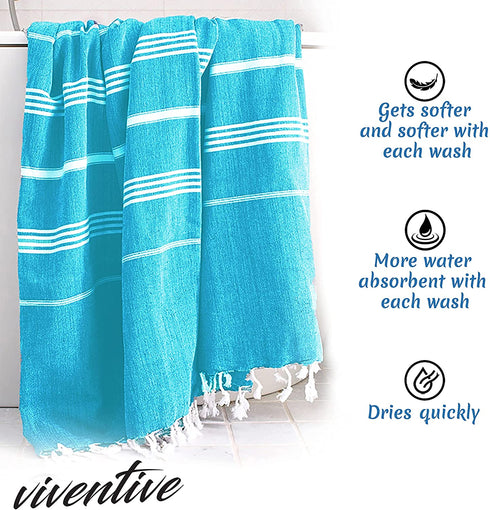Turkish Beach Towel 37 x 70 Inches - 100% Cotton - Soft, and Quick-Dry - Oversized Turkish Towel for Beach, Bathroom, Travel, Gym, Aqua Turquoise