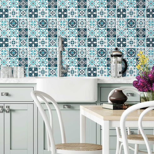 Mohepo Peel and Stick Backsplash Tile Stick on Kitchen Vinyl 3D Wall Decor Panels Sticker Talavera Mexican 9 Plaid 12"x12"(5 Sheets,Blue&White)