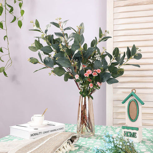 Eucalyptus Leaves Green Branches 5 Pcs Faux Stems Greenery Artificial Eucalyptus Plants Home Decor Long Oval Eucalyptus with Little Berry for Floral Arrangement Vase Bouquet Decor - Gray