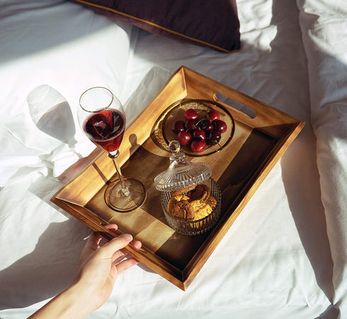 EZDC Coffee Table Tray, Wooden Tray, Ottoman Tray Light Brown 16 x 12 Modern Aesthetic Decorative Serving Tray with Handles for Drinks and Food