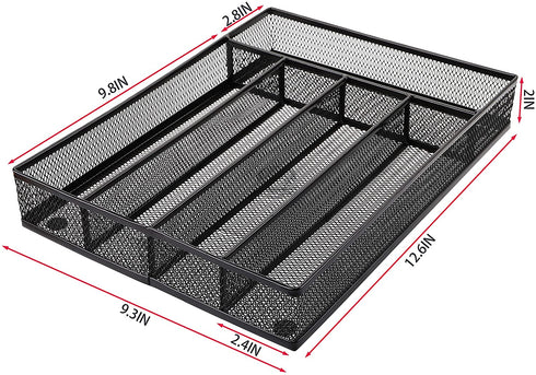 Cedilis Cutlery Tray, 5 Compartments Flatware Organizers, Metal Kitchen Utensil Drawer Silverware Tray, The Mesh Collection for Knives Spoons Forks with 4 Foam Feet, Black