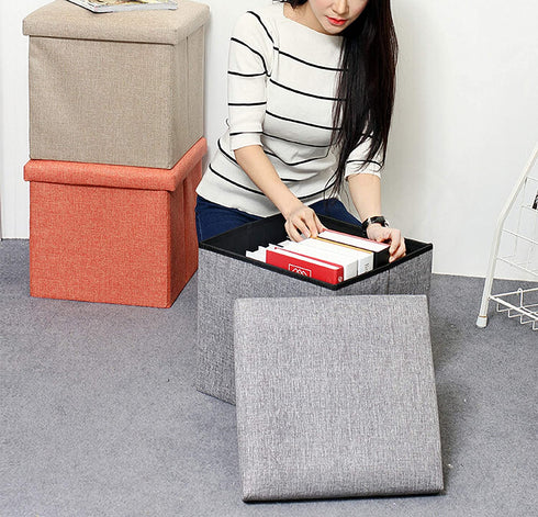 RONSTA Storage Ottoman, Foldable Cube Ottoman with Storage for Children, Foot Rest, Cloth Foot Stools and Ottomans with Memory Foam and Faux Linen Seat 12"X12"X12" (Linen-Black)