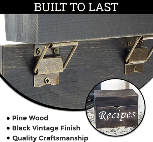 Black Recipe Box with Cards and Dividers - Wood Vintage Recipe Card Box with 100 4x6 Recipe Cards 12 Dividers and Conversion Chart Card - Gift Idea for Recipe Lovers
