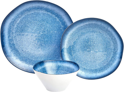 Amazon Basics 12-Piece Melamine Dinnerware Set - Service for 4, Blue Glaze with Rustic Edge
