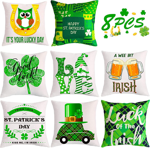 St. Patrick's Day Pillow Covers Decorations - Saint Patricks St Patty's Day Shamrock Linen Cushion Cover Irish Throw Pillowcase Gnome Decor for Sofa Couch (18"x18")