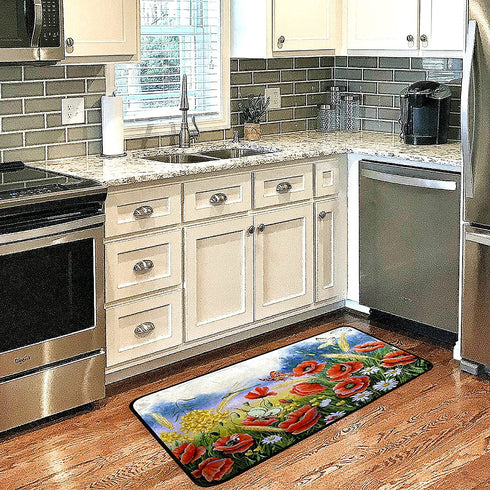 Spring Poppy Kitchen Rug Sunflower Daisy Butterfly Kitchen Mat Chamomile Bee Floral Leaves Floor Mat Non Slip Area Rugs for Home Decor 39" X 20"