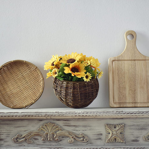 Tapeera Set of 2 Artificial Sunflower Wall Decor In Hanging Hand Woven Basket - Faux Sunflower Kitchen Decor - Fake Sunflower Decor For Kitchen - Sunflower Bathroom Decor Wreath Sun Flowers Home Decor
