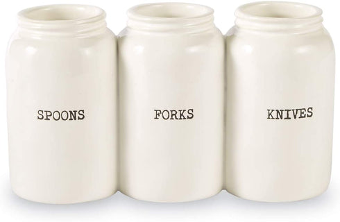 Mud Pie Farmhouse Ceramic Triple Utensil Holder, White