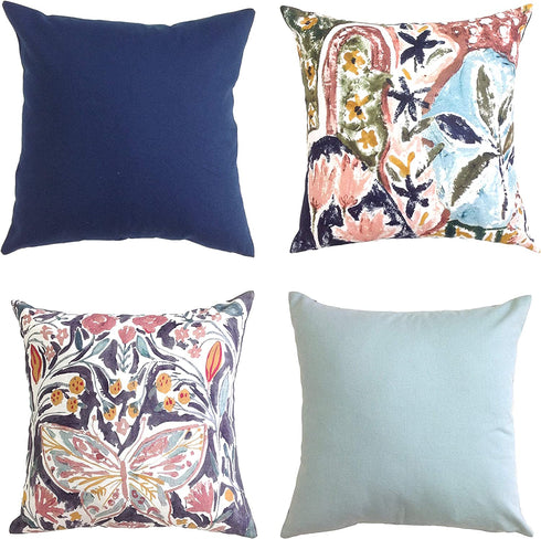 Sofa Throw Pillow Covers - 18x18 Inch Set of 4 Decorative Cushion Covers for Living and Bed Room Decor Hand Painted Designs