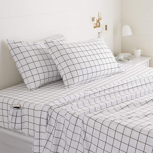 Amazon Basics Soft Microfiber Sheet Set with Elastic Pockets - Full, Black Grid