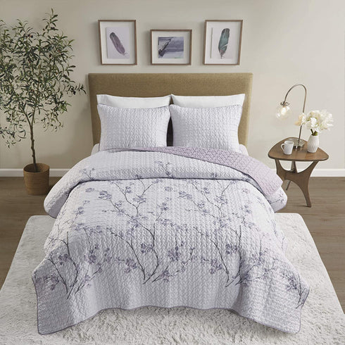 Comfort Spaces Reversible Quilt Set-Vermicelli Stitching Design All Season, Lightweight, Coverlet Bedspread Bedding, Matching Shams, King (104 in x 90 in) Kate, Grey/Purple 3 Piece