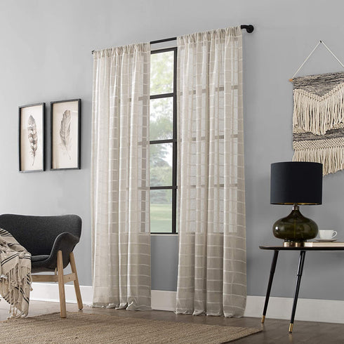 Clean Window Twill Stripe Allergy/Pet Friendly Anti-Dust Sheer Curtain Panel, 52" x 95", White/Linen