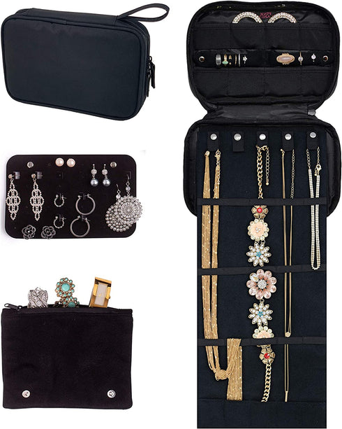 Pink Larus Travel Jewelry Organizer. Tangle-Free Necklace with Roll Out Mat, Earring Card for Studs, Drop and Hoops, and Ring Organizer. Black Compact Case Fits Perfectly in a Carry On!