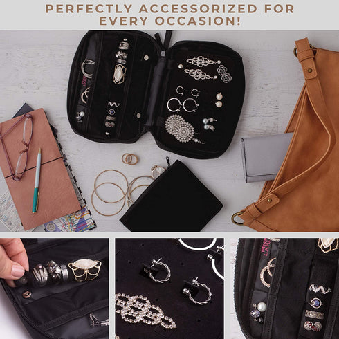 Pink Larus Travel Jewelry Organizer. Tangle-Free Necklace with Roll Out Mat, Earring Card for Studs, Drop and Hoops, and Ring Organizer. Black Compact Case Fits Perfectly in a Carry On!