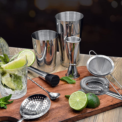 TheBarsentials Boston Shaker Set for Cocktails with 28oz and 18oz Weighted Tins, Professional Muddler and Jigger - Stainless Steel Bar Tools (4pc set)