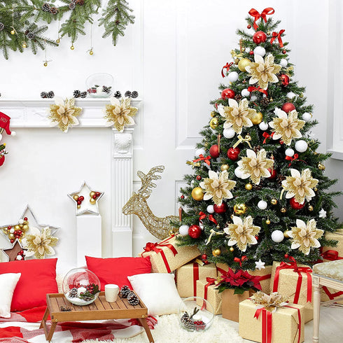 24 Pieces Christmas Glitter Poinsettia Flowers 5.5 Inch Artificial Christmas Flowers Xmas Artificial Glitter Flowers for Christmas Tree Ornament Party Decorations Wreath Garlands (Gold)