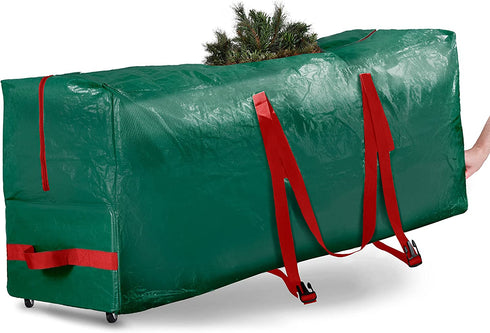 Rolling Large Christmas Tree Storage Bag - Fits Artificial Disassembled Trees, Durable Handles & Wheels for Easy Carrying and Transport - Tear/Waterproof Polyethylene Plastic Duffle Bag