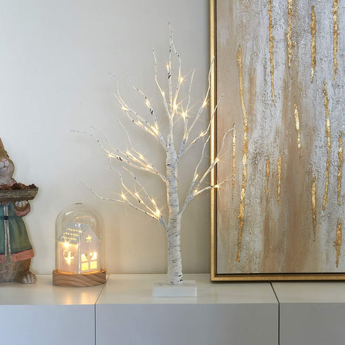 PEIDUO 24 2FT 24LT Lighted Birch Tree Battery Powered Timer Warm White LED Artificial Branch Tree for Home Party Festival Wedding Decor, 2FT Table Tree Lamp