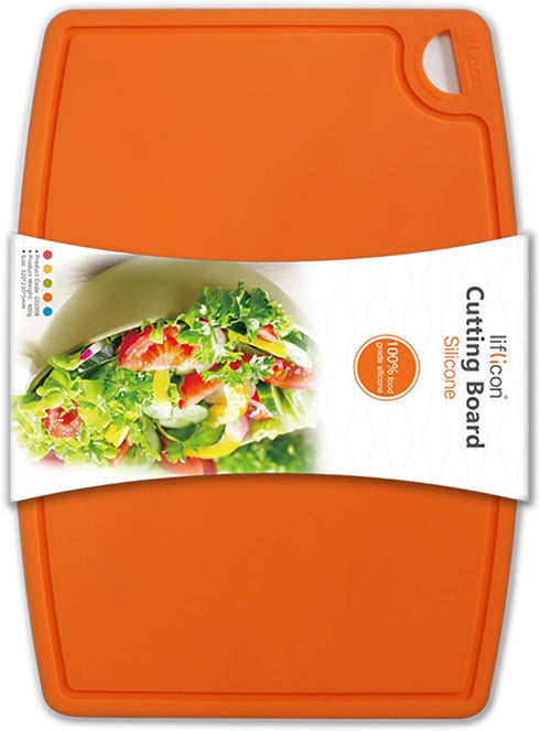 Liflicon Thick Silicone Cutting Board 12.6'' x 9.1'' Juice Grooves Easy Grip Handle Dishwasher Safe-Orange