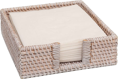 Rattan Napkin Guest Towel Holder For Kitchen 7.5 x 7.5 x 2.5 inches Square Wicker Tissue Paper Holder Caddy for Dining Table Flat Woven Boho Napkins Dispenser for Dinner (Luncheon, White Wash)