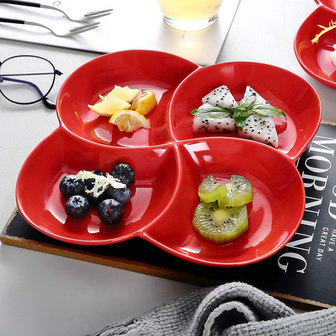 Christmas Dinner Serving Dish 8.5 inch Modern Set Of 2 Decorative Ceramic Appetizer 4 -Compartment Serving Platter Tray - Dessert Serving Plates, Red