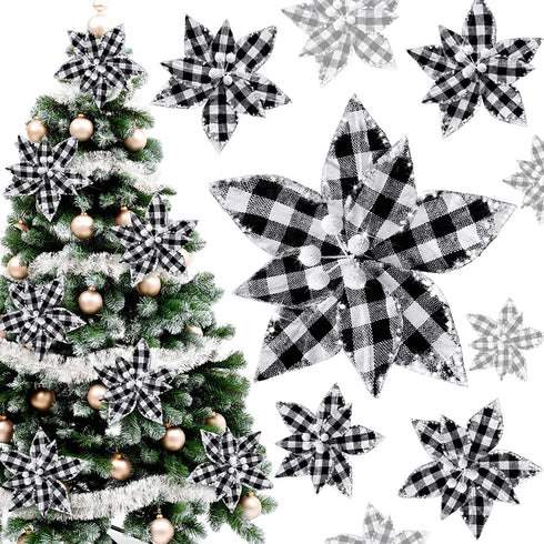 Syhood 12 Pieces Buffalo Plaid Poinsettias Christmas Tree Ornaments Artificial Christmas Flowers with Glitter Powder for Christmas Tree Wreaths Garland Holiday Decorations 6.7 Inch (Black and White)