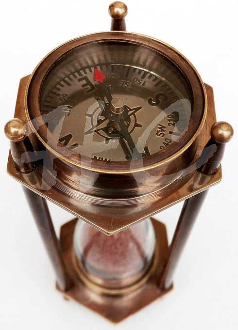 5" DECORATIVE BRASS SAND TIMER HOURGLASS WITH ANTIQUE MARITIME BRASS COMPASS