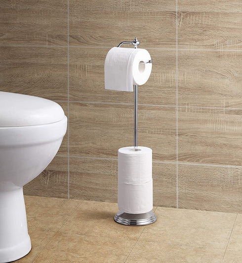 SunnyPoint Bathroom Free Standing Toilet Tissue Paper Roll Holder Stand with Reserve Function, Chrome Finish