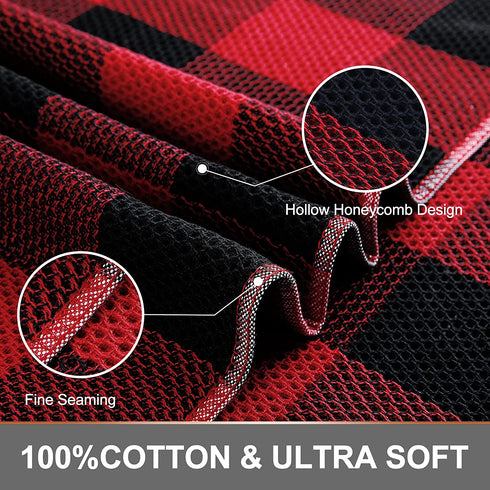 Kitinjoy 100% Cotton Buffalo Plaid Waffle Weave Kitchen Towels, 13 in x 28 in, Super Soft Absorbent Kitchen Dish Towels for Drying Dishes, 4Pack, Black/Red