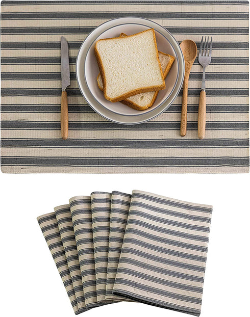 Home Brilliant Farmhouse Placemats Set of 6 Heat Resistant Dining Table Mats for Kitchen Table, 13 x 19 inches, Stripes, Grey and Beige
