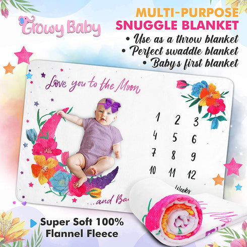 Growy Baby Milestone Blanket for Baby Girl Gifts - Nursery Decor Baby Monthly Milestone Blanket Girl - Newborn Baby Shower Flannel Fleece Girl Milestone Blanket - 60"x40"