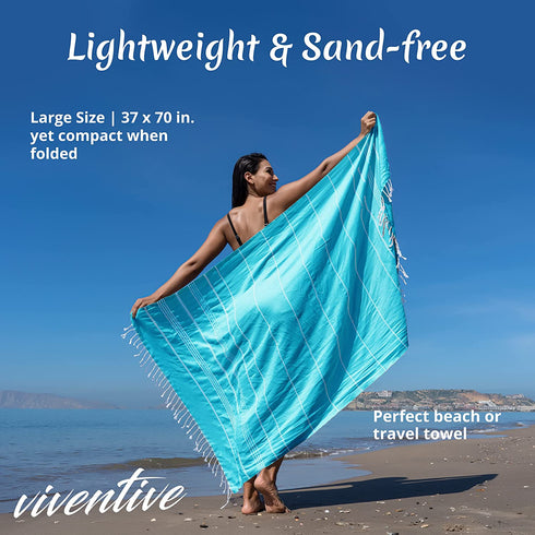 Turkish Beach Towel 37 x 70 Inches - 100% Cotton - Soft, and Quick-Dry - Oversized Turkish Towel for Beach, Bathroom, Travel, Gym, Aqua Turquoise