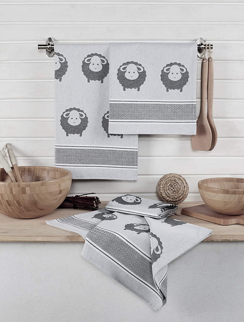 saewelo Set of 4 Tea Towels in Gift Packaging, 100% Cotton, 19.7 x 27.6 '' (Sheep, Grey)