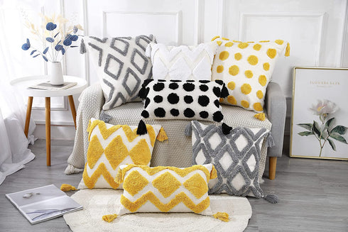 PANOD Super Soft Farmhouse Decorative Plush Throw Pillow Covers 20 x 20 White,Solid Pom pom Tufted with Tassels Modern Accent Boho Square Cushion Cover Pillow Case for Couch Sofa