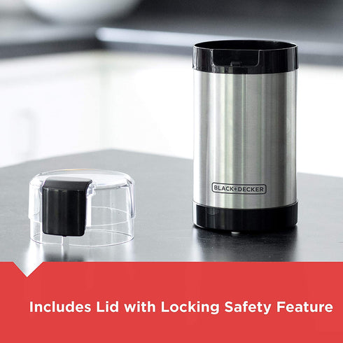 BLACK+DECKER Coffee Grinder One Touch Push-Button Control, 2/3 Cup Bean Capacity, Stainless Steel