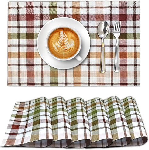 Ruvanti Placemats for Dinning Table. 100% Cotton 13x19 Inch Placemats Set of 6, Brown Check Woven Placemats. Tablemats for Farmhouse, Spring placemats, Tablemats for Christmas / Thanksgiving Dinners.