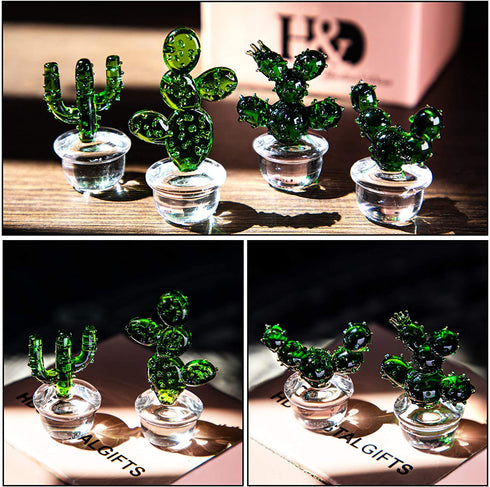 H&D HYALINE & DORA 4pcs Handmade Glass Blown Cactus Cute Crystal Art Cactus Figurines Collectibles Desk Tabletop Simulation Plants Decorations