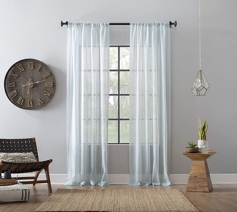 Archaeo Ticking Stripe Textured Cotton Blend Sheer Curtain, 54" x 63", Aqua/White