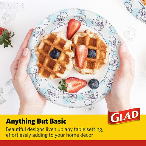 Glad Round Disposable Paper Plates 10 in, Blue Flower|Soak Proof, Cut Proof, Microwave Safe Heavy Duty Paper Plates 10"|50 Count Bulk Paper Plates, Paper Plates 10 Inch, Bulk for Parties and Occasions