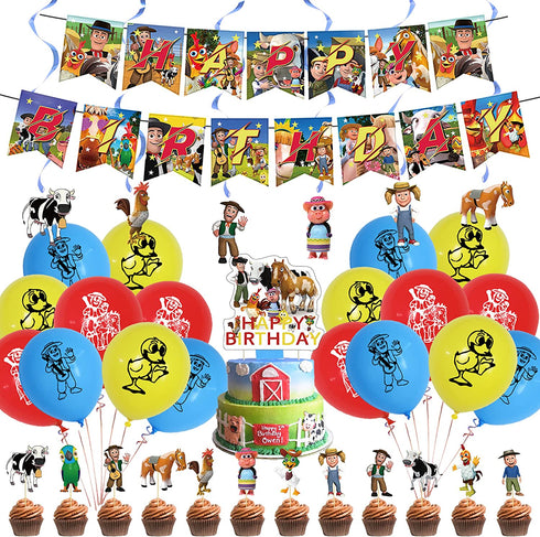 38 Pcs Zenon Farm Theme Birthday Party Decorations,Party Supply Set for Kids with 1 Happy Birthday Banner Garland , 13 Cupcake Toppers, 18 Balloons,6 Spiral for Party Decorations