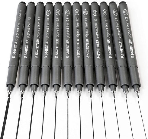 Staedtler Pigment Liner black fineliner pens, full professional 12 pieces artist drawing technical drafting sets