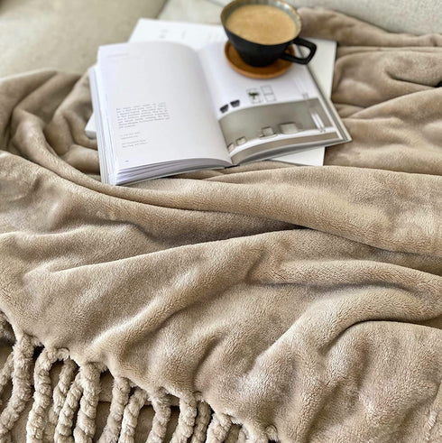 Odds & Ends Home Fleece Blanket Twin Size with Tassels - Super Soft Plush Tan Throw Blankets for Bed, Sofa, Couch, Outdoor, 60x87 Inches