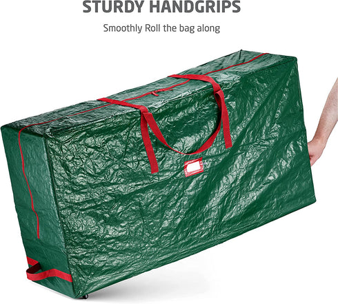 Rolling Large Christmas Tree Storage Bag - Fits Artificial Disassembled Trees, Durable Handles & Wheels for Easy Carrying and Transport - Tear/Waterproof Polyethylene Plastic Duffle Bag