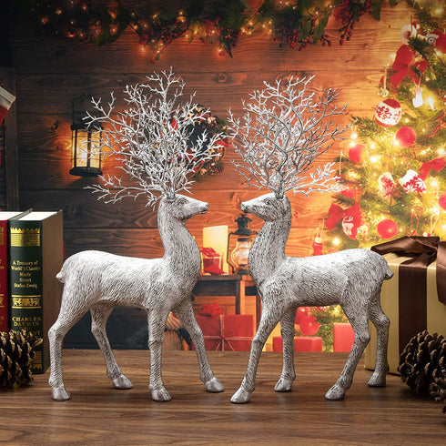 iPEGTOP 2 Pcs Rustic Christmas Reindeer Elk Holiday Figurines Decoration Christmas Standing Deer, Home Office Decor Statues Party Supplies